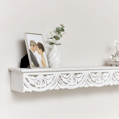 Large White Wooden Carved Boho Wall Shelf - 81cm