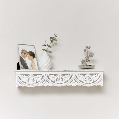 White Wooden Carved Boho Wall Shelf - 60cm