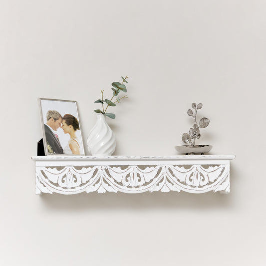  White Wooden Carved Boho Wall Shelf - 60cm 