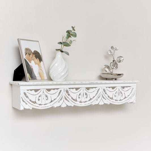  White Wooden Carved Boho Wall Shelf - 60cm 