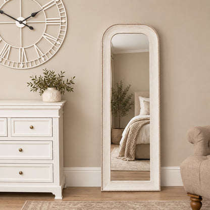Elegant White Washed Beaded Full Length Wall Mirror - 142cm x 50cm