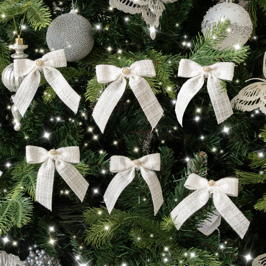  Set of 6 White Tartan Boucle Jewelled Christmas Bow Decorations 