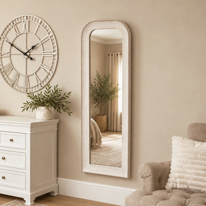 Elegant White Washed Beaded Full Length Wall Mirror - 142cm x 50cm
