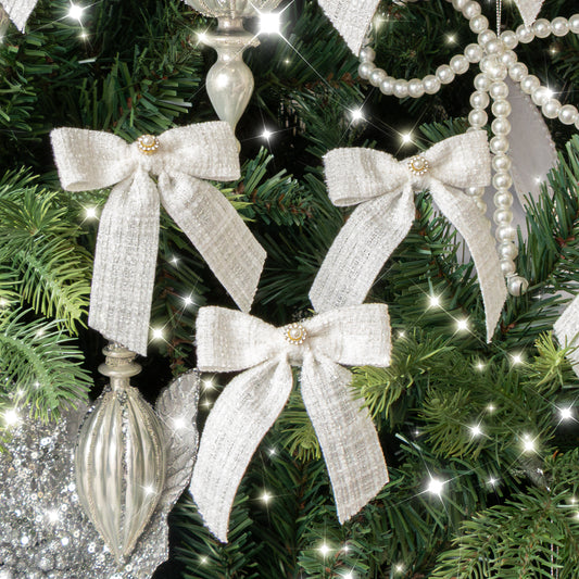  Set of 6 White Tartan Boucle Jewelled Christmas Bow Decorations 