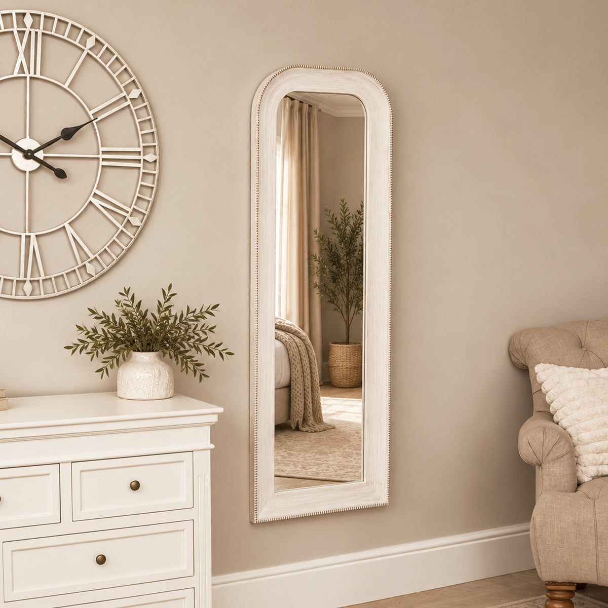 Elegant White Washed Beaded Full Length Wall Mirror - 142cm x 50cm