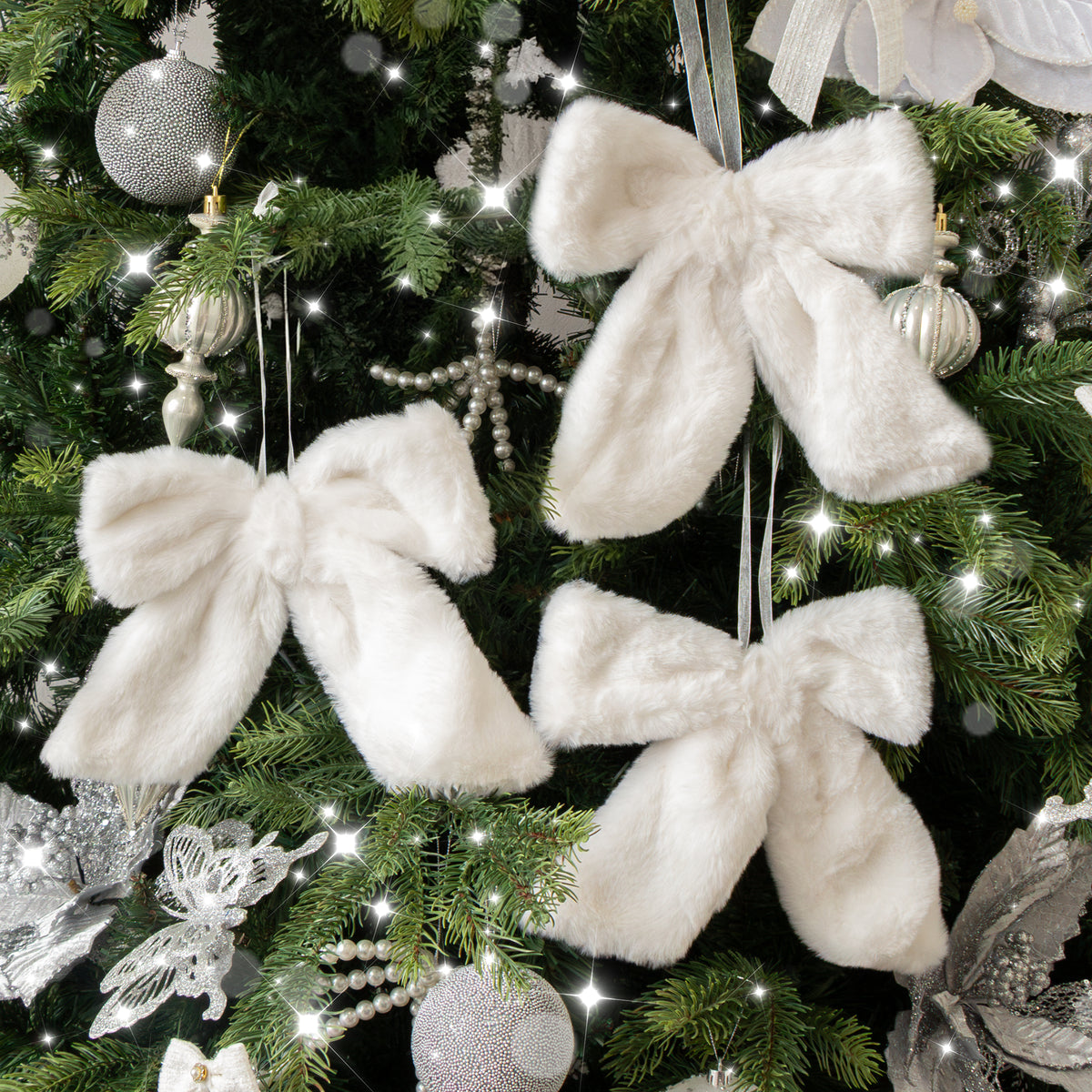 Set of 3 White Fur Christmas Bow Decorations - 19cm