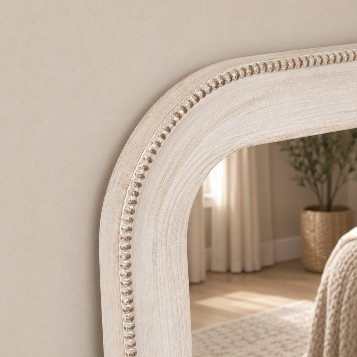 Elegant White Washed Beaded Full Length Wall Mirror - 142cm x 50cm