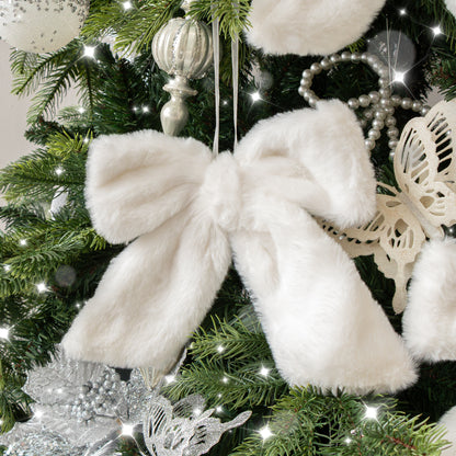Set of 3 White Fur Christmas Bow Decorations - 19cm