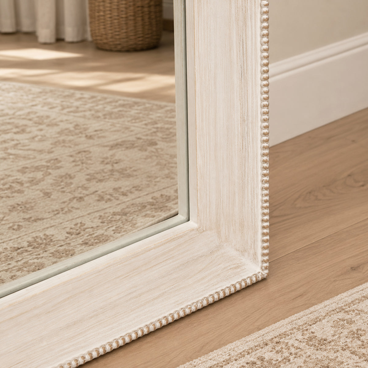 Elegant White Washed Beaded Full Length Wall Mirror - 142cm x 50cm