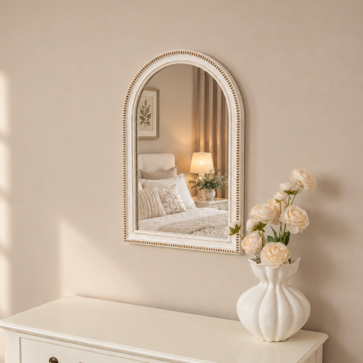White Washed Distressed Wooden Beaded Frame Wall Mirror - 40cm x 60cm