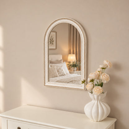 White Washed Distressed Wooden Beaded Frame Wall Mirror - 40cm x 60cm