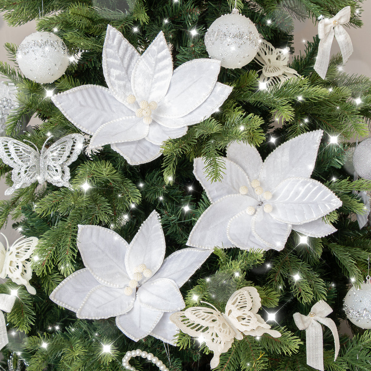 Set of 3 White Velvet & Pearl Poinsettia Pick Christmas Decorations - 29cm x 25cm