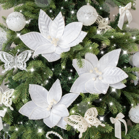  Set of 3 White Velvet & Pearl Poinsettia Pick Christmas Decorations - 29cm x 25cm 