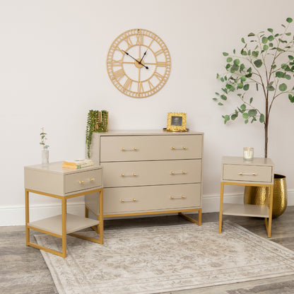3 Drawer Chest of Drawers & Pair of Two Drawer Bedside Tables - Liana Taupe Range