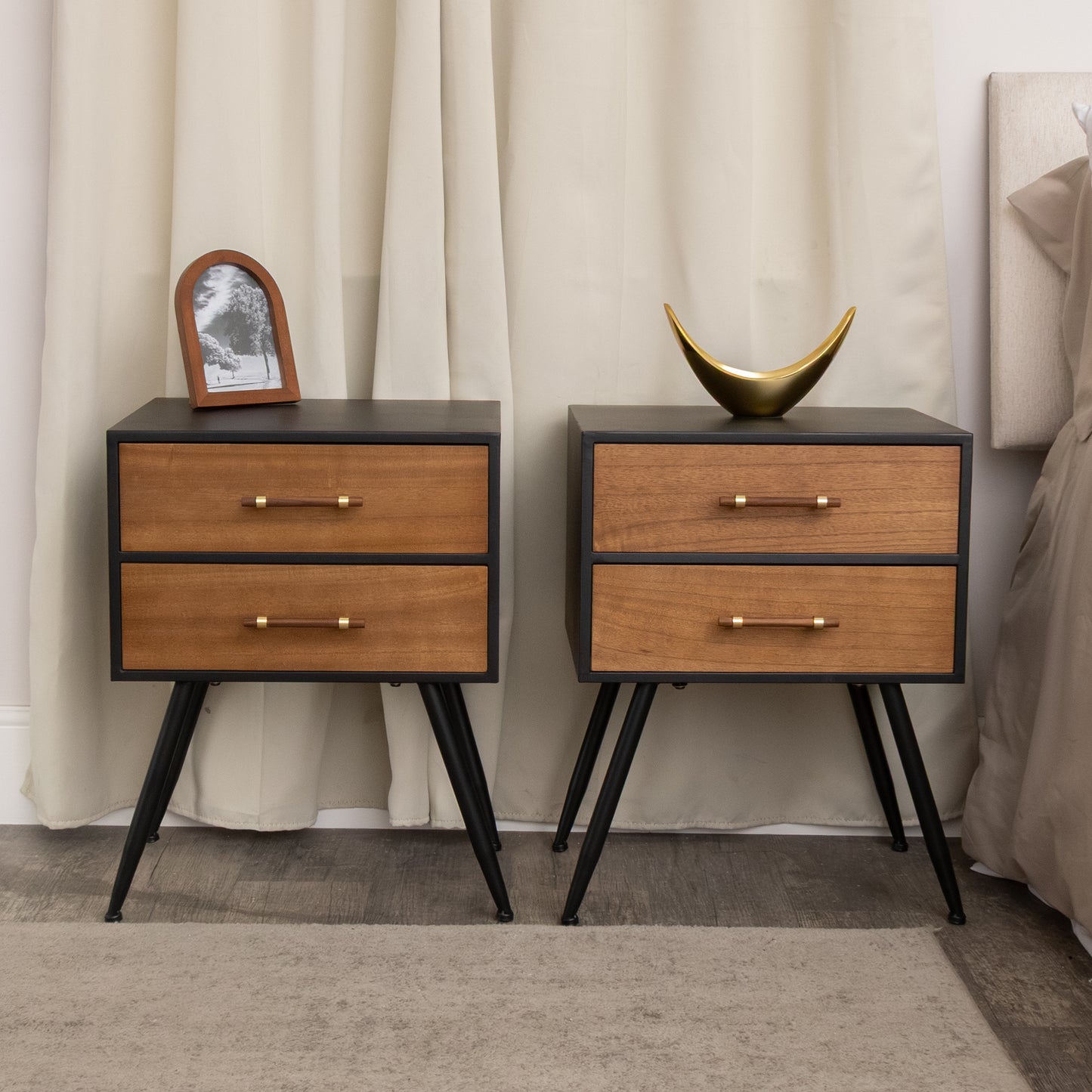 Pair of Mid-Century Modern Wood & Black 2 Drawer Bedside Tables - Industrial Range