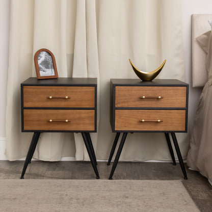 Pair of Mid-Century Modern Wood & Black 2 Drawer Bedside Tables - Industrial Range