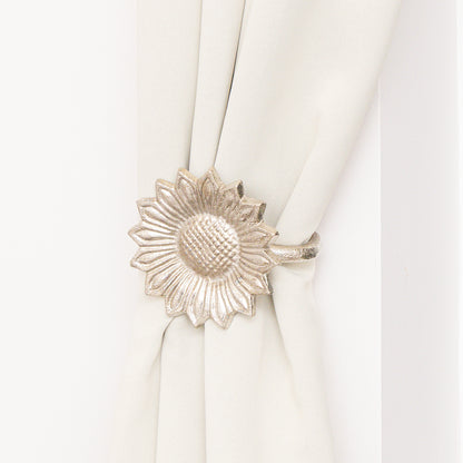 Set of 2 Silver Metal Sunflower Wall Mounted Tie Backs