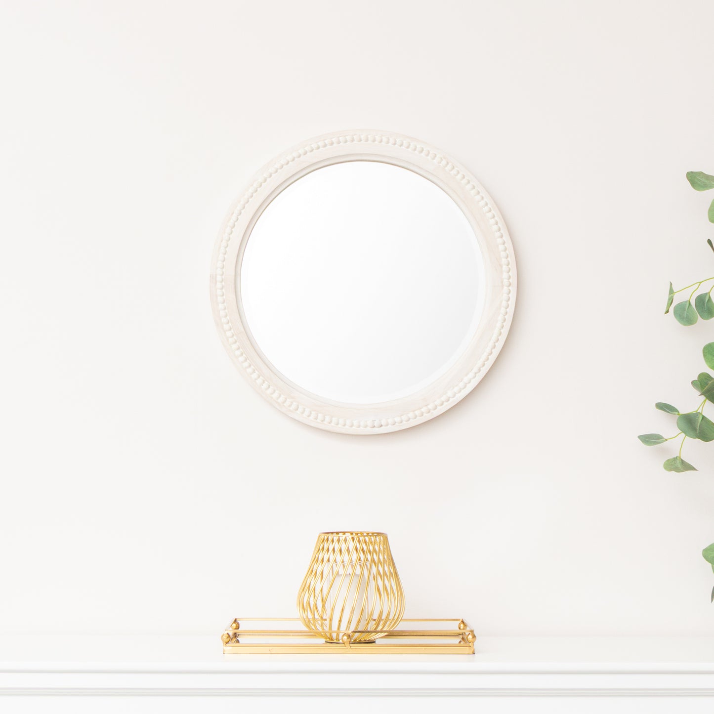Round Distressed White Washed Wooden Bobbin Detailed Wall Mirror - 50cm x 50cm