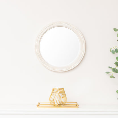 Round Distressed White Washed Wooden Bobbin Detailed Wall Mirror - 50cm x 50cm