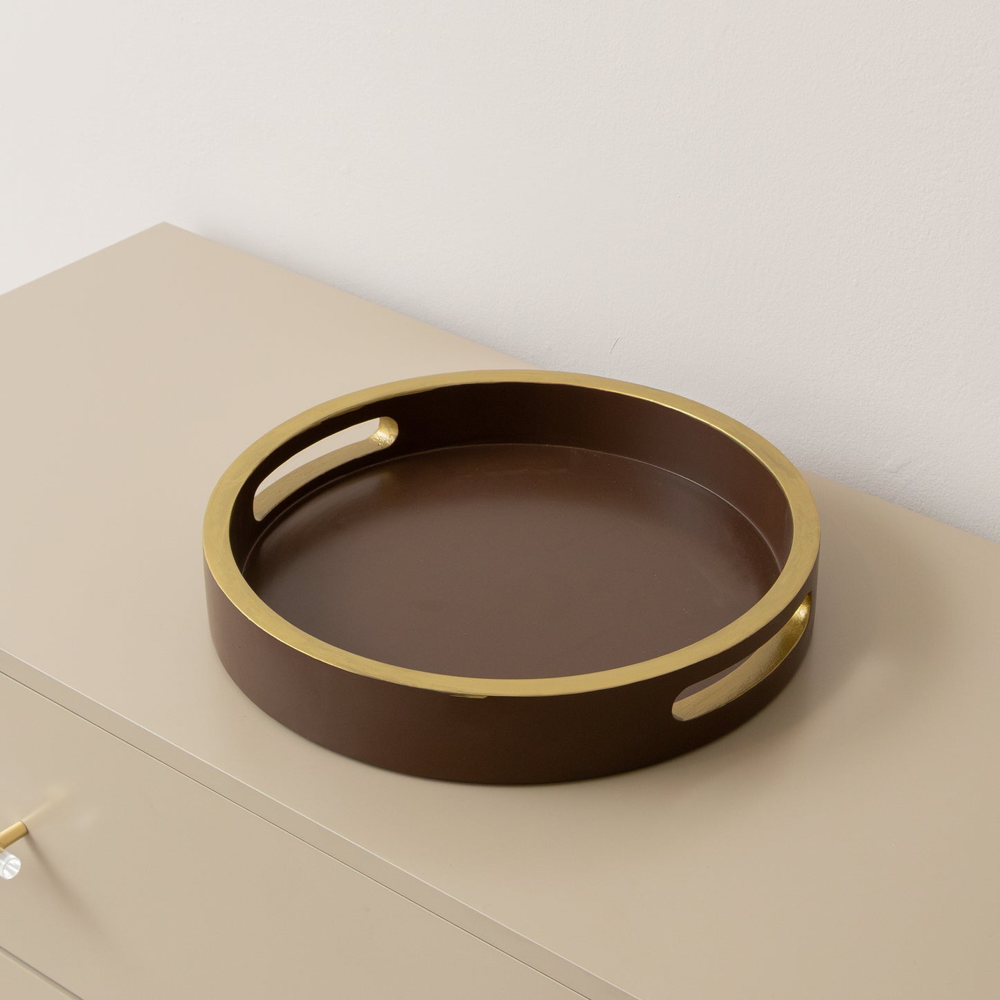 Large Round Chocolate Brown & Gold Decorative Tray - 30cm