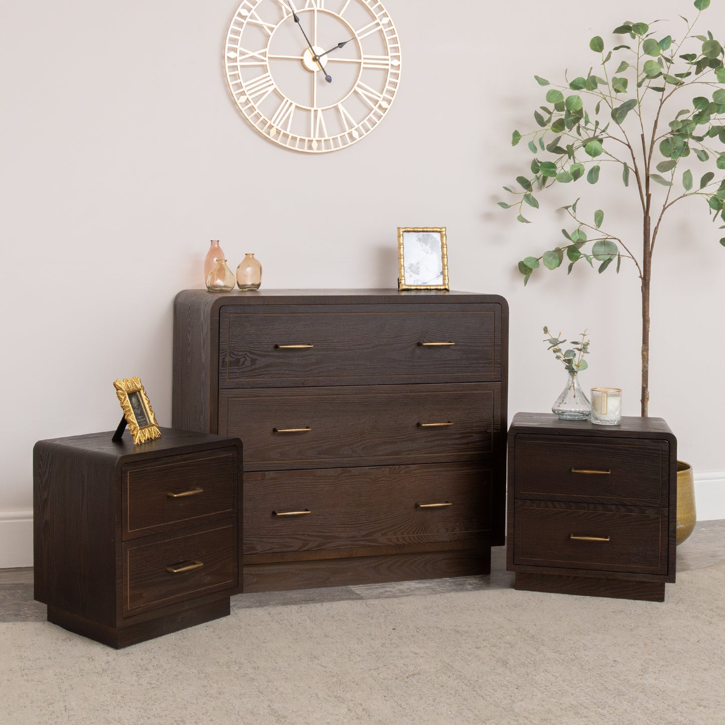 3 Drawer Wooden Chest of Drawers and Pair of 2 Drawer Bedside Tables - Kingsley Range