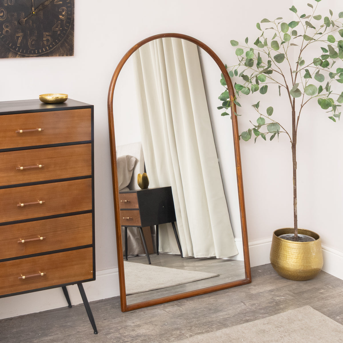 Large Walnut Wooden Framed Arched Leaner Mirror - 90cm x 158cm