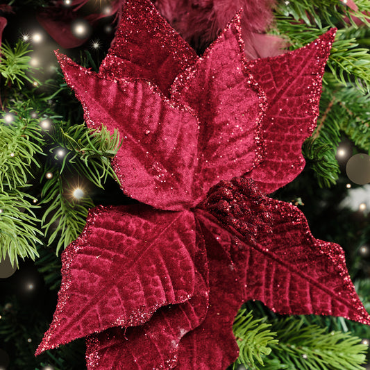  Set of 3 Burgundy Velvet Poinsettia Floral Tree Decorative Picks - 22cm 