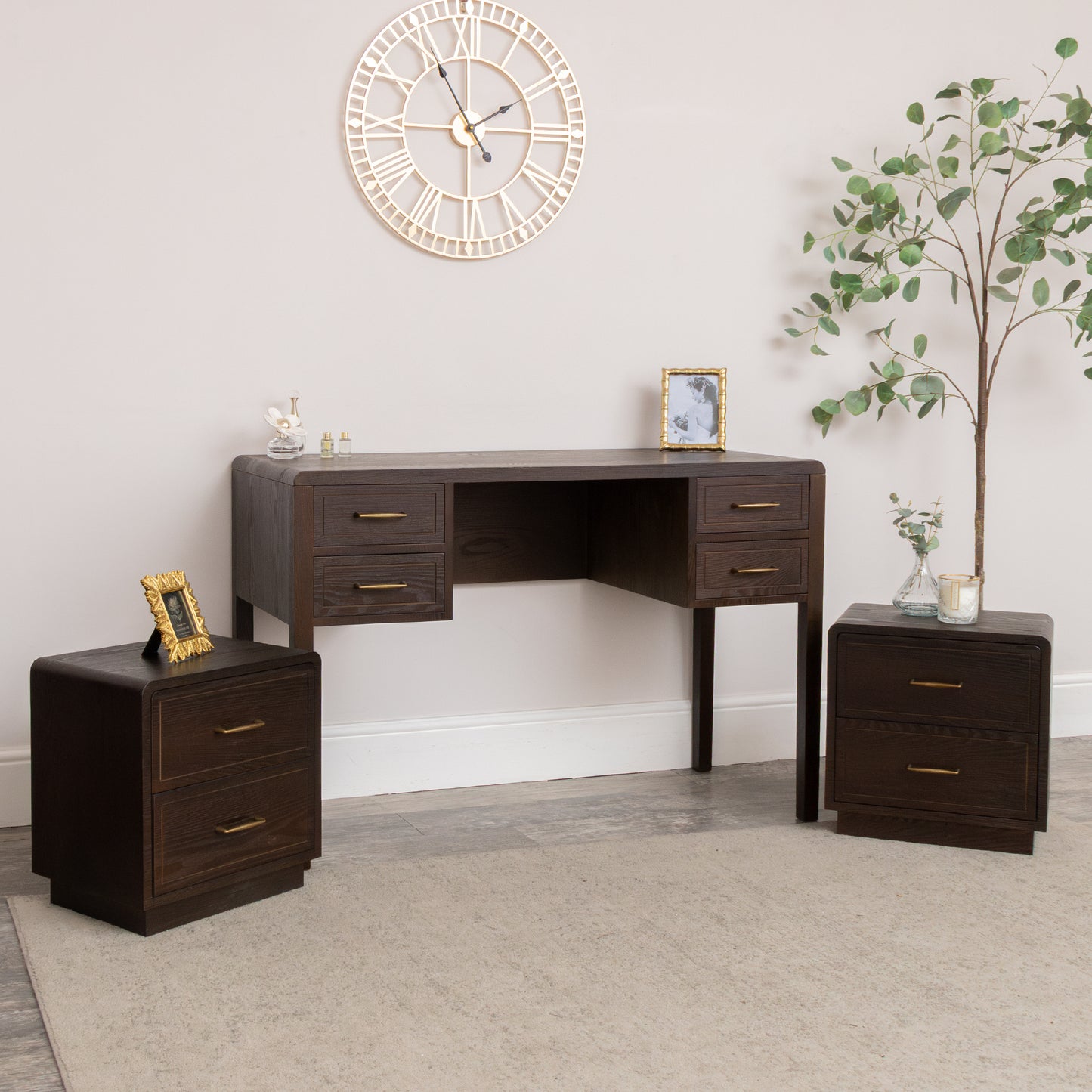 Dark Wood 4 Drawer Dressing Table & Pair of Bedside Tables - Kingsley Range