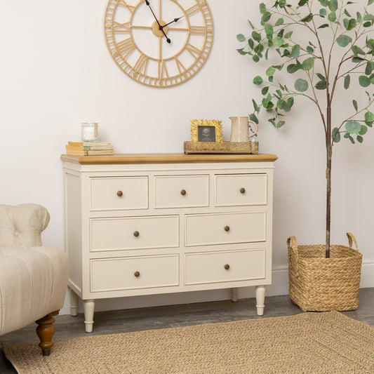  Cream & Wooden 7 Drawer Chest of Drawers - Claudia Range 