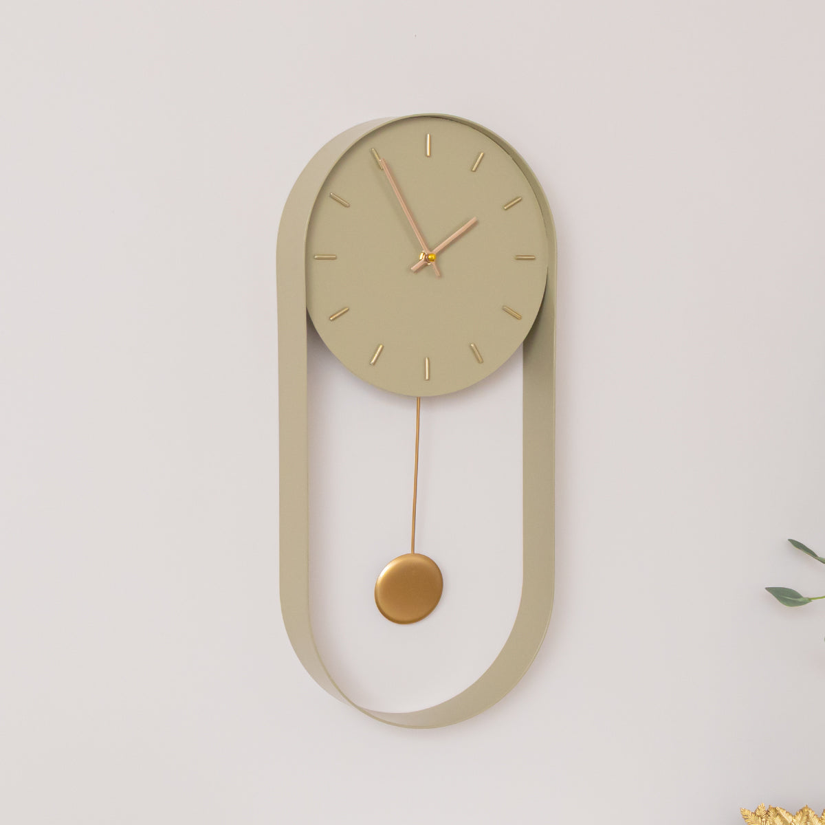 Olive Green & Gold Pendulum Metal Analogue Wall Clock - 20cm x 55cm