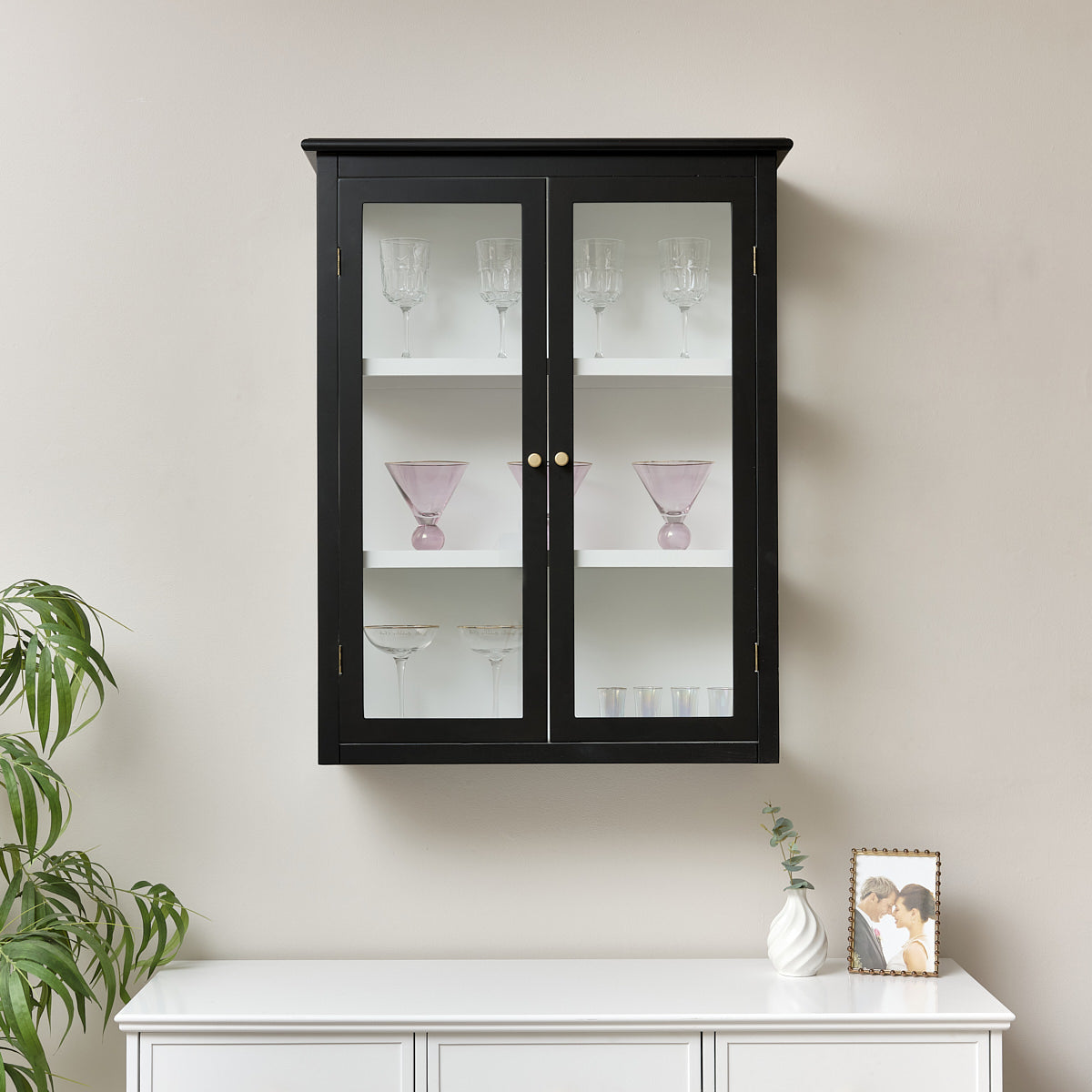 Large Black & White Glass Fronted Wall Cabinet 90cm x 70cm