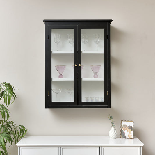  Large Black & White Glass Fronted Wall Cabinet 90cm x 70cm 