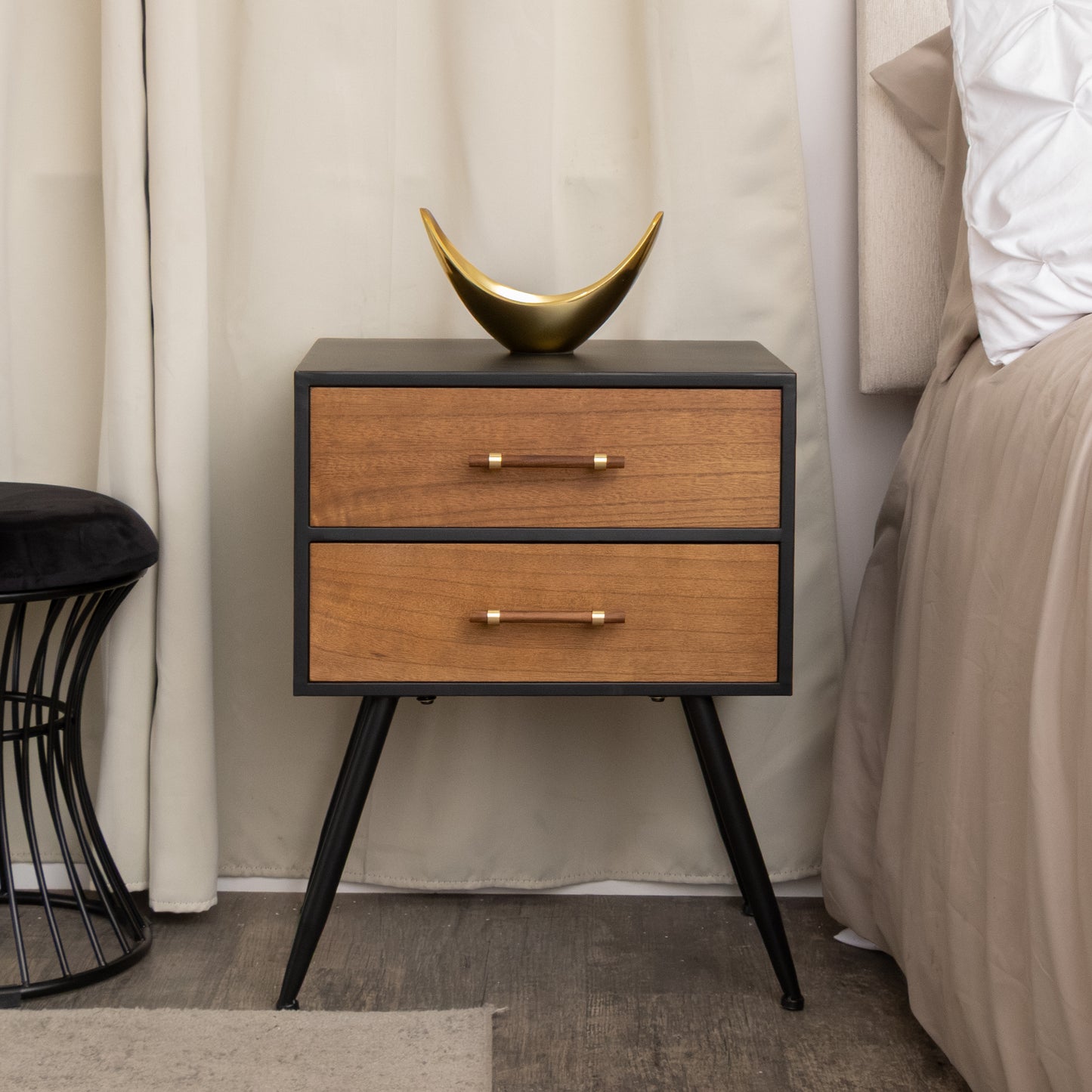 Mid-Century Modern Wood & Black 2 Drawer Bedside - Industrial Range