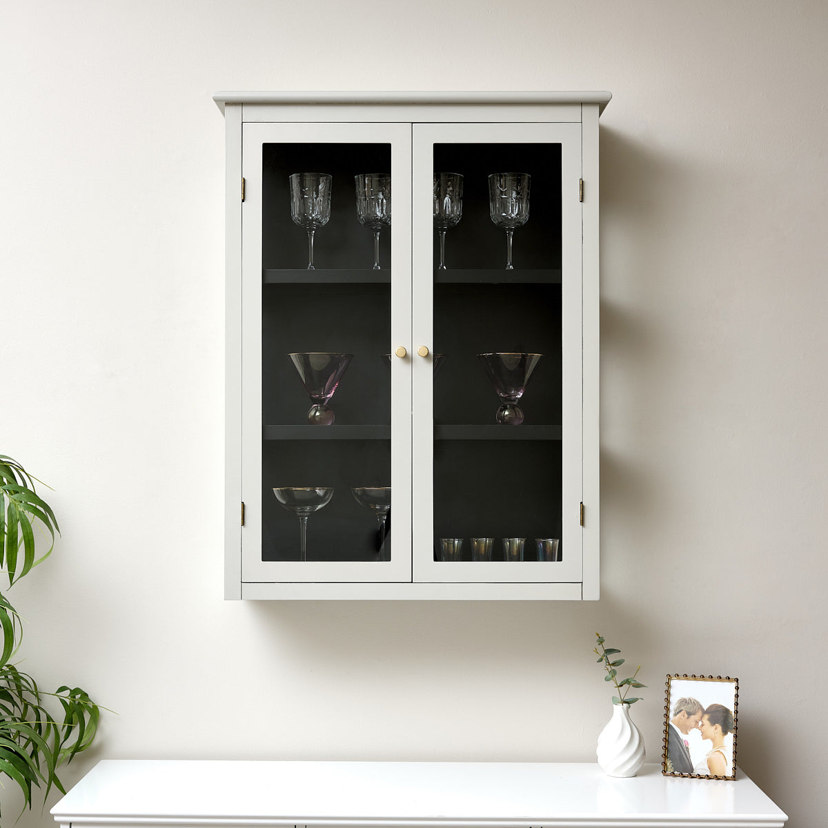 Large Grey & Black Glass Fronted Wall Cabinet 90cm x 70cm