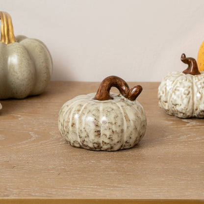 Small Cream & Brown Glazed Pumpkin Ornament - 8.5cm