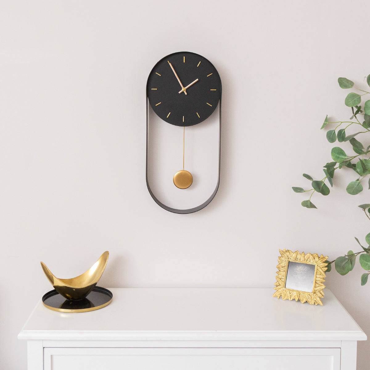 Black & Gold Pendulum Metal Analogue Wall Clock - 20cm x 55cm