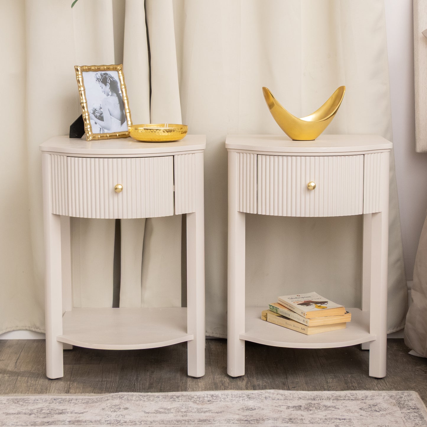 Pair of Reeded One Drawer Bedside Table - Willow Taupe Grey Range