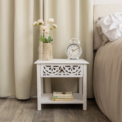 Distressed White Mango Wood Bohemian Bedside Table - Freya White Range
