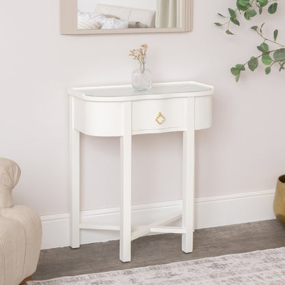One Drawer Half Moon Console Table with Hessian & Glass Top - Austin White Range