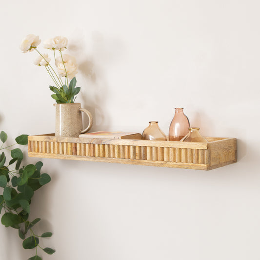  Mango Wood Fluted Wooden Wall Shelf - 70cm 