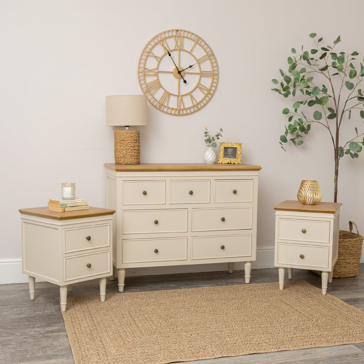 Cream & Wooden 7 Drawer Chest of Drawers & Pair of Two Drawer Bedside Tables - Claudia Range