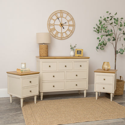 Cream & Wooden 7 Drawer Chest of Drawers & Pair of Two Drawer Bedside Tables - Claudia Range