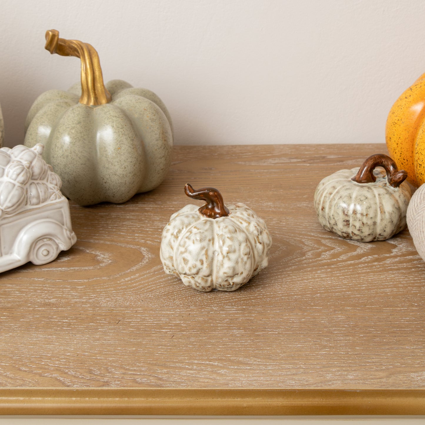 Small Cream & Brown Glazed Wonky Pumpkin Ornament - 9cm