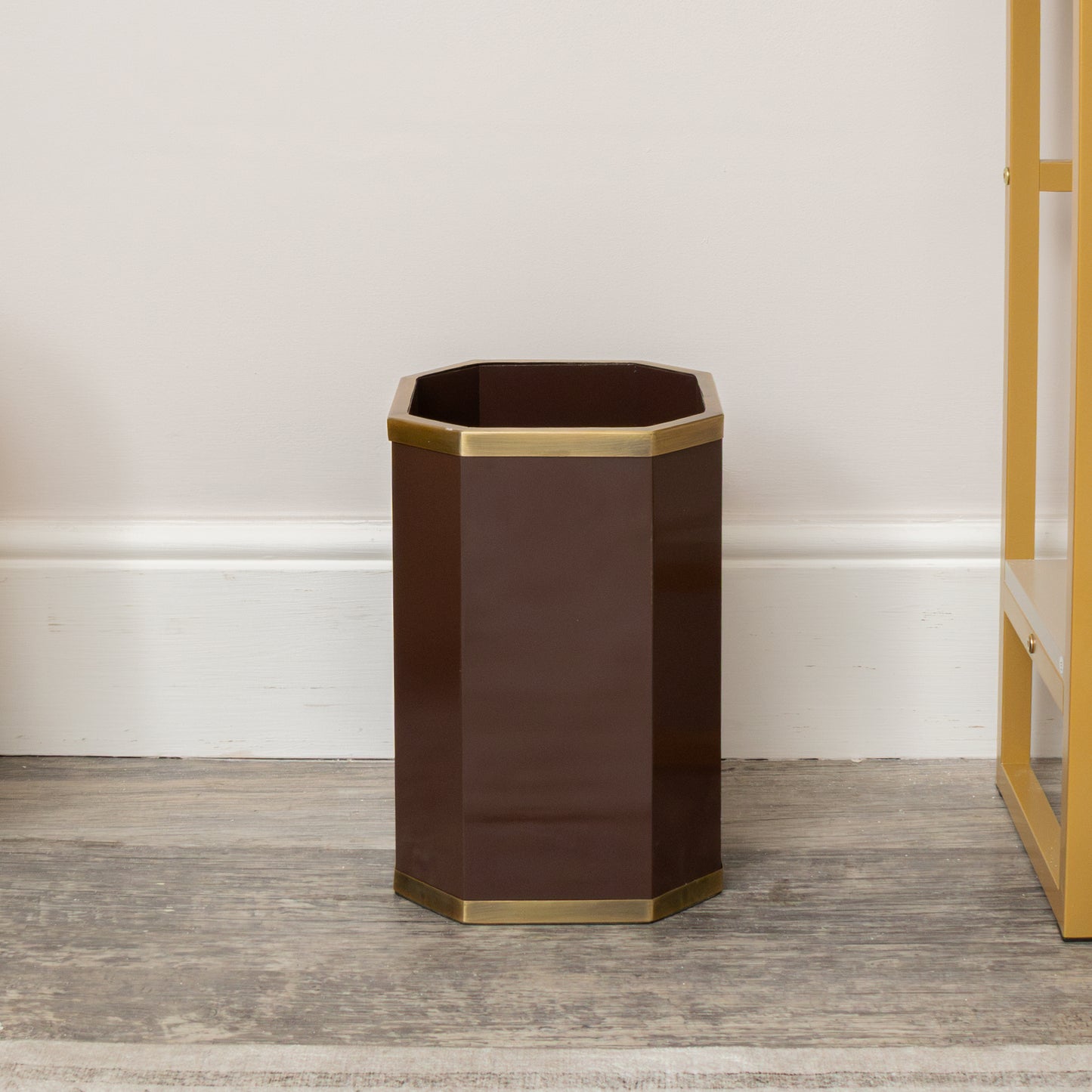 Hexagonal Chocolate Brown & Gold Edge Wooden Waste Paper Bin