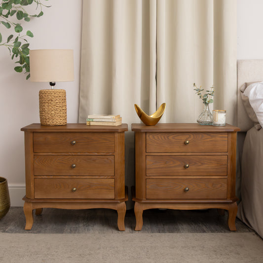  Pair of Dark Wood 3 Drawer Extra Wide Bedside Tables - Ashwell Range 