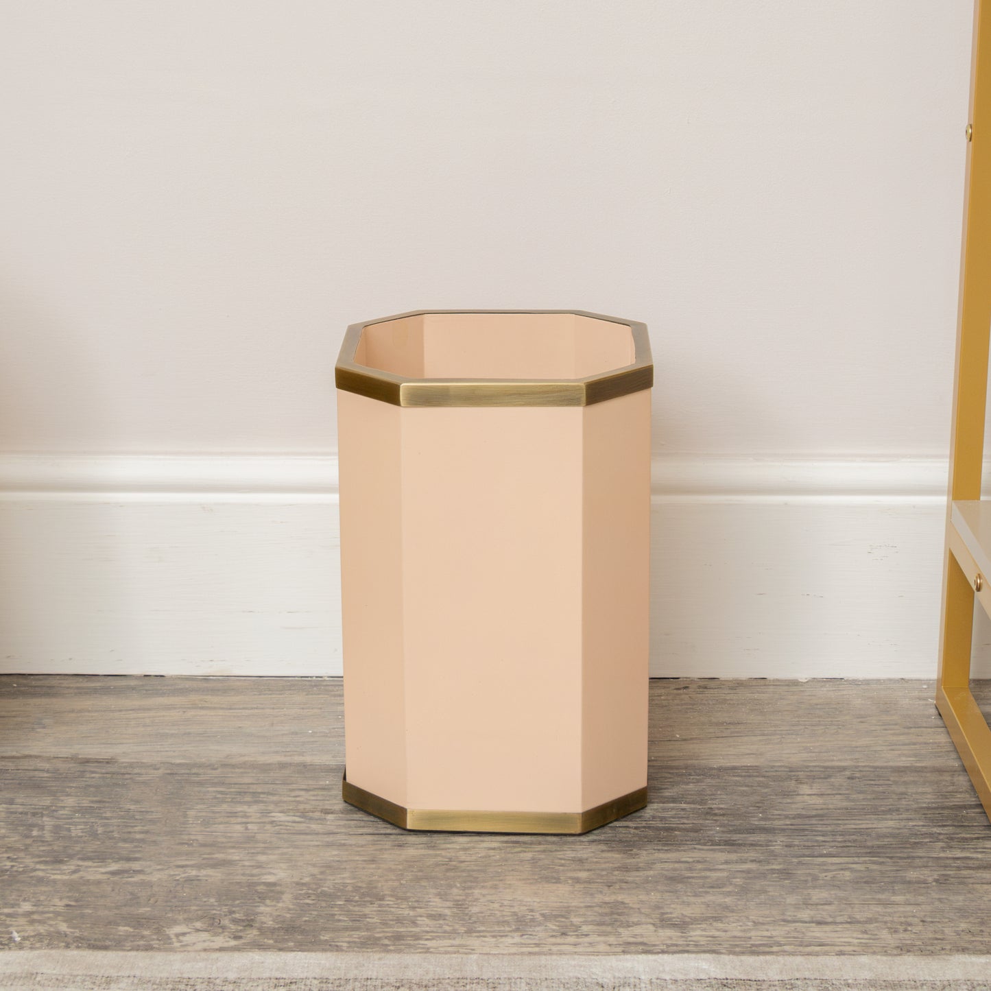 Hexagonal Pale Peach & Gold Edge Wooden Waste Paper Bin
