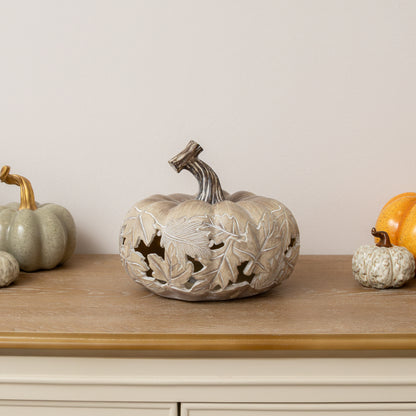 LED White & Grey Leaf Pattern Pumpkin Ornament - 23cm x 20cm