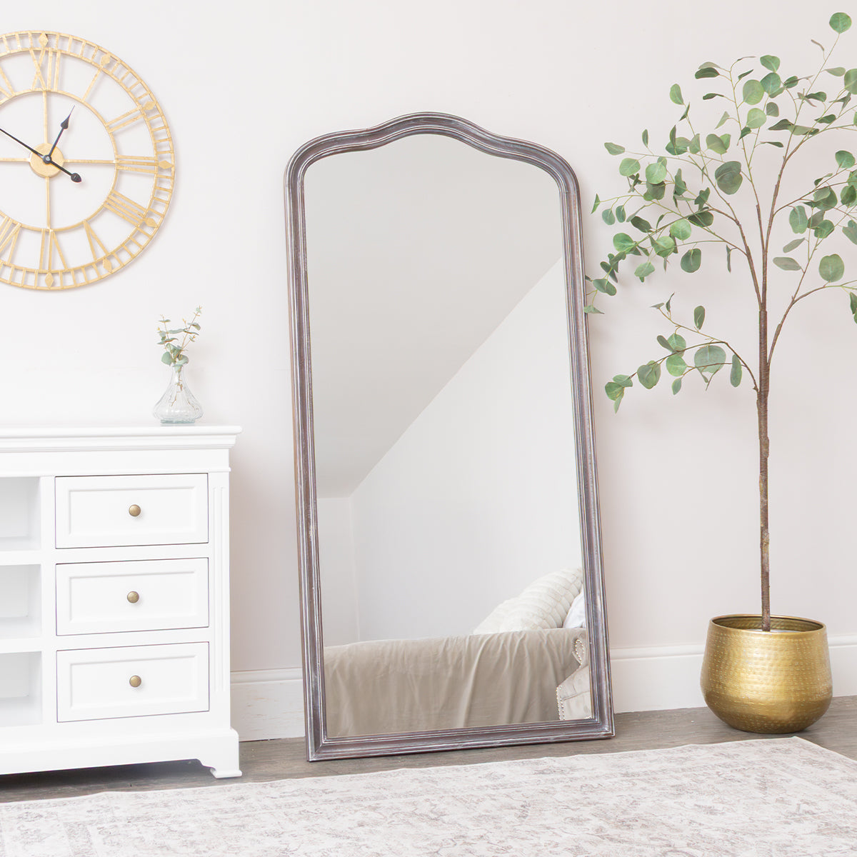Large Arched Washed Wooden Framed Leaner Mirror - 78cm x 158cm