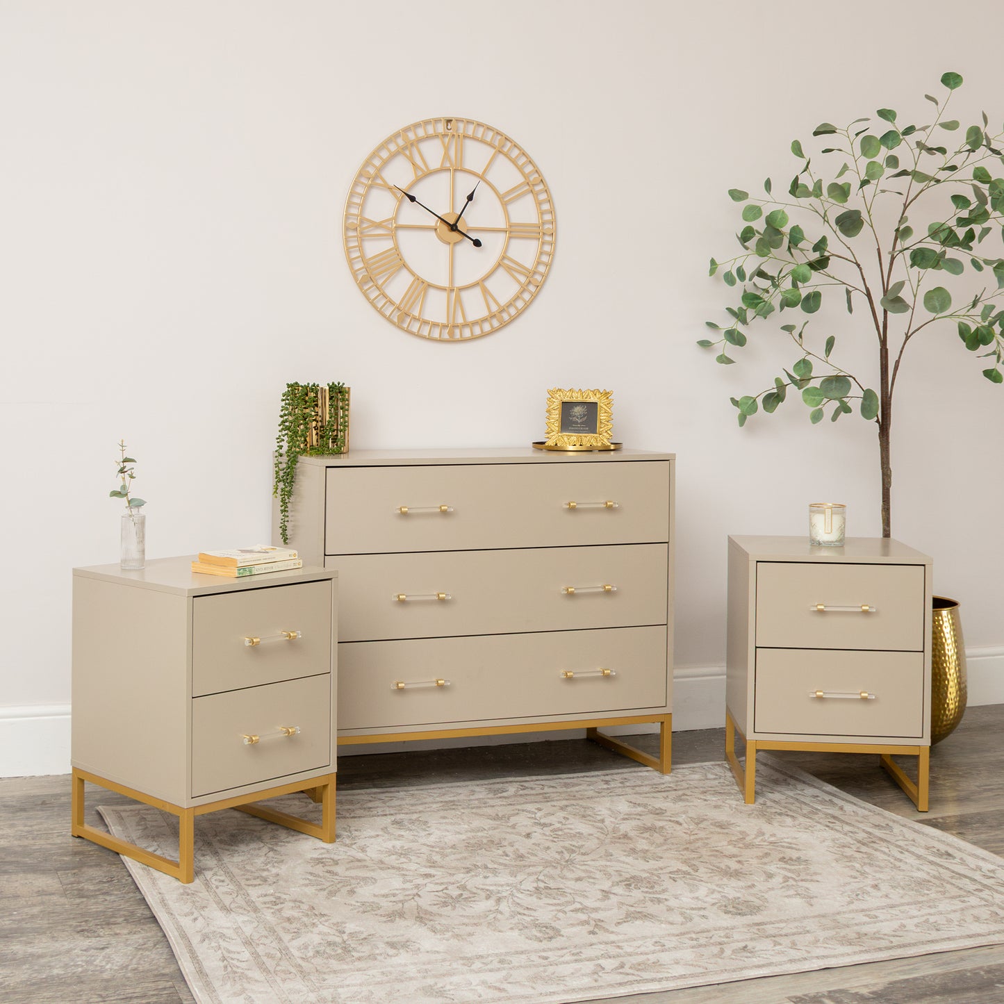3 Drawer Chest of Drawers, Dressing Table Set & Pair of Two Drawer Bedside Tables - Liana Taupe Range