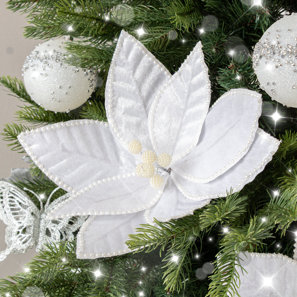 Set of 3 White Velvet & Pearl Poinsettia Pick Christmas Decorations - 29cm x 25cm